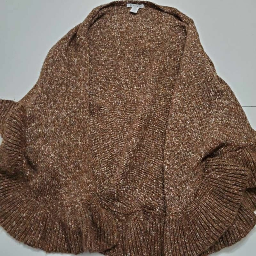 CAbi Womens Open Front Wrap Sweater Brown White Marled Ruffle Stretch One Size